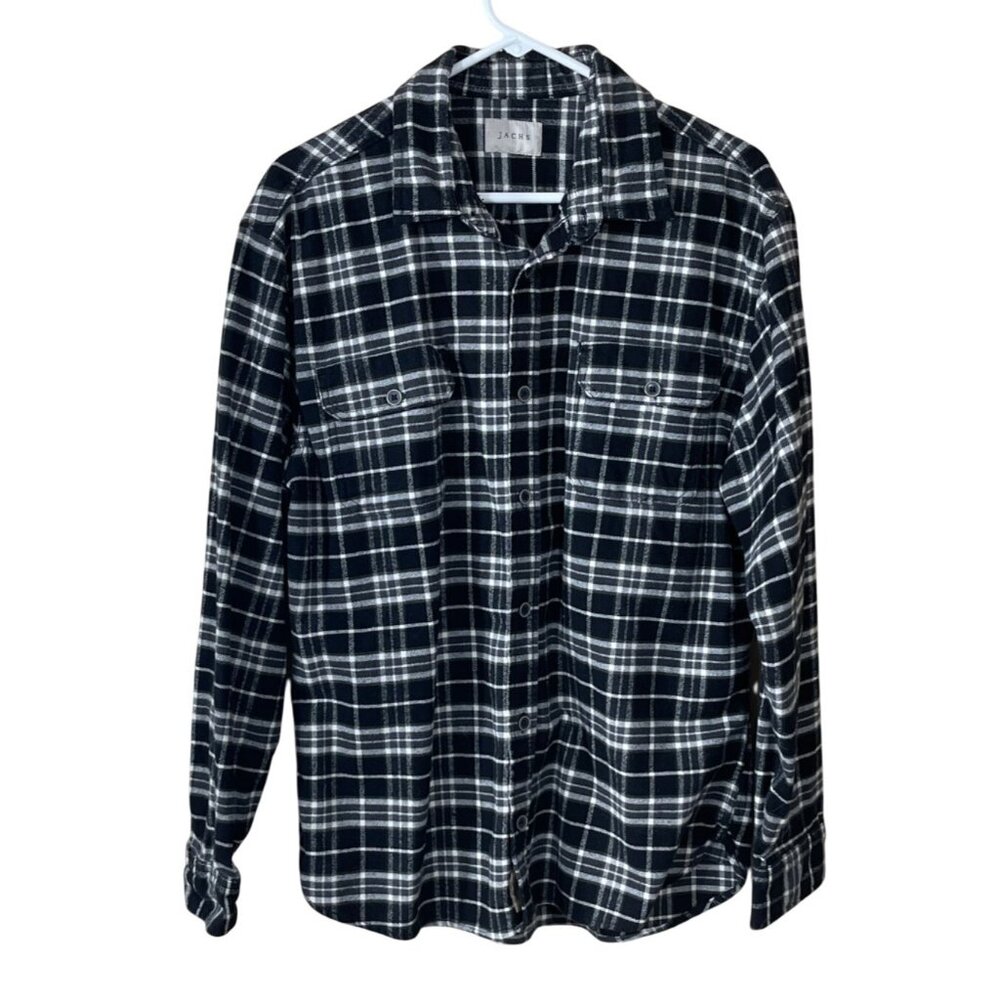 JACHS Flannel Shirt Button Front Black White Plaid XL Extra Large Thick Fabric